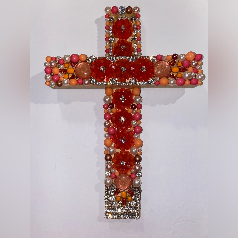 Orange, pink, cream, colors & Rhinestones Wood ✝️ w/ Repurposed Jewelry